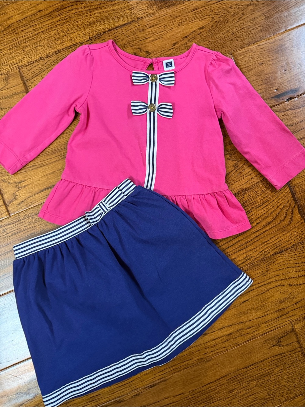 Janie and Jack Pink Top with Navy Blue Skirt Set